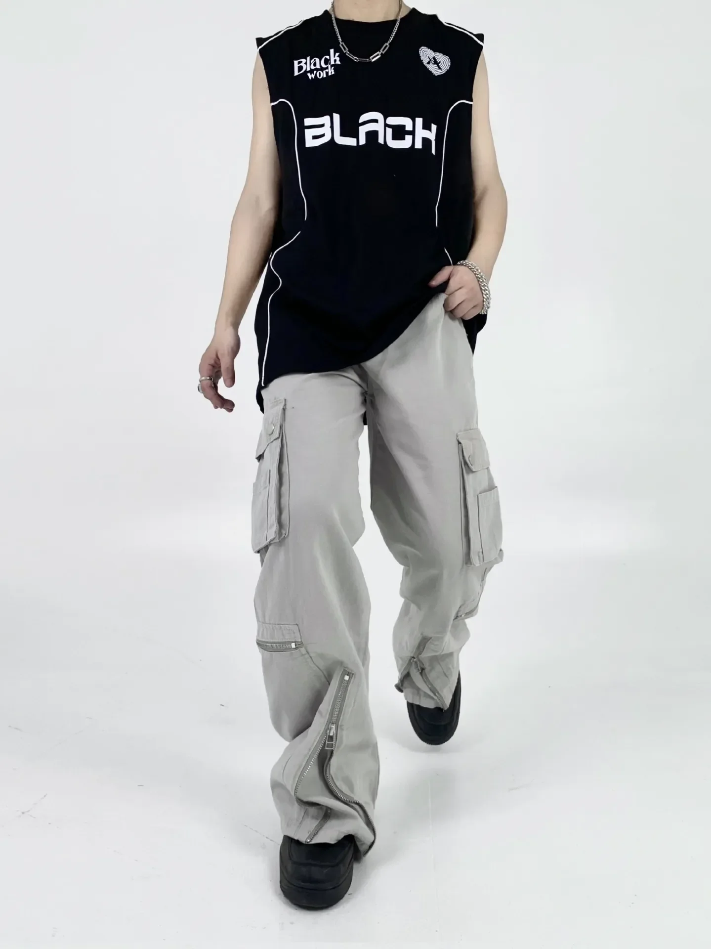 Cargo Pants Men Zipper Oversize Wide Leg Trousers Male Streetwear Hip Hop Casual Korean Japanese Pocket  Style