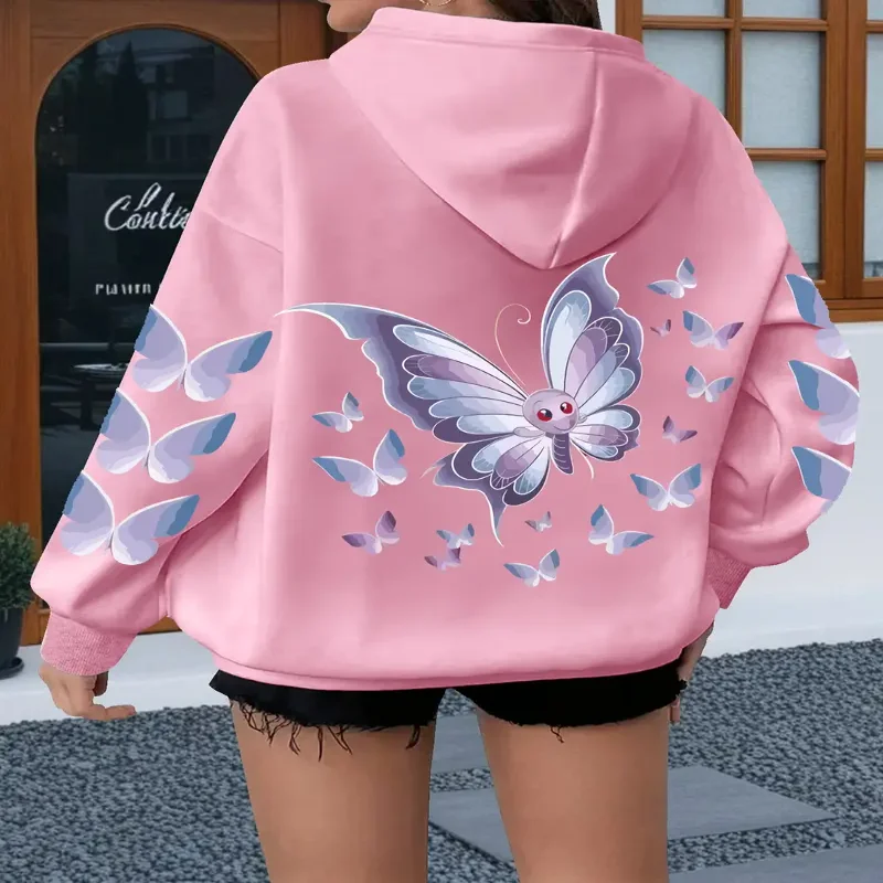 Повседневная толстовка с принтом бабочки, пуловер с женской осенне-зимней одеждой, воротник с капюшоном, большой размер, удобная толстовка