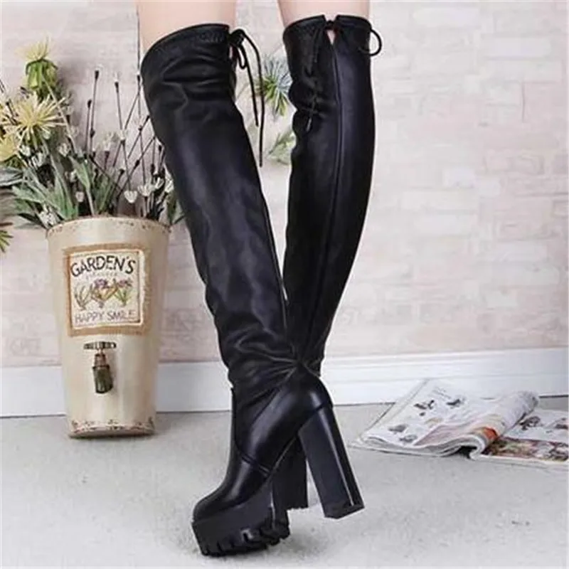 Autumn Winter Warm Leather Platform Women Long Boots Over The Knee Boots Comfort Shoes Female Thigh High Boots Botas Mujer Black