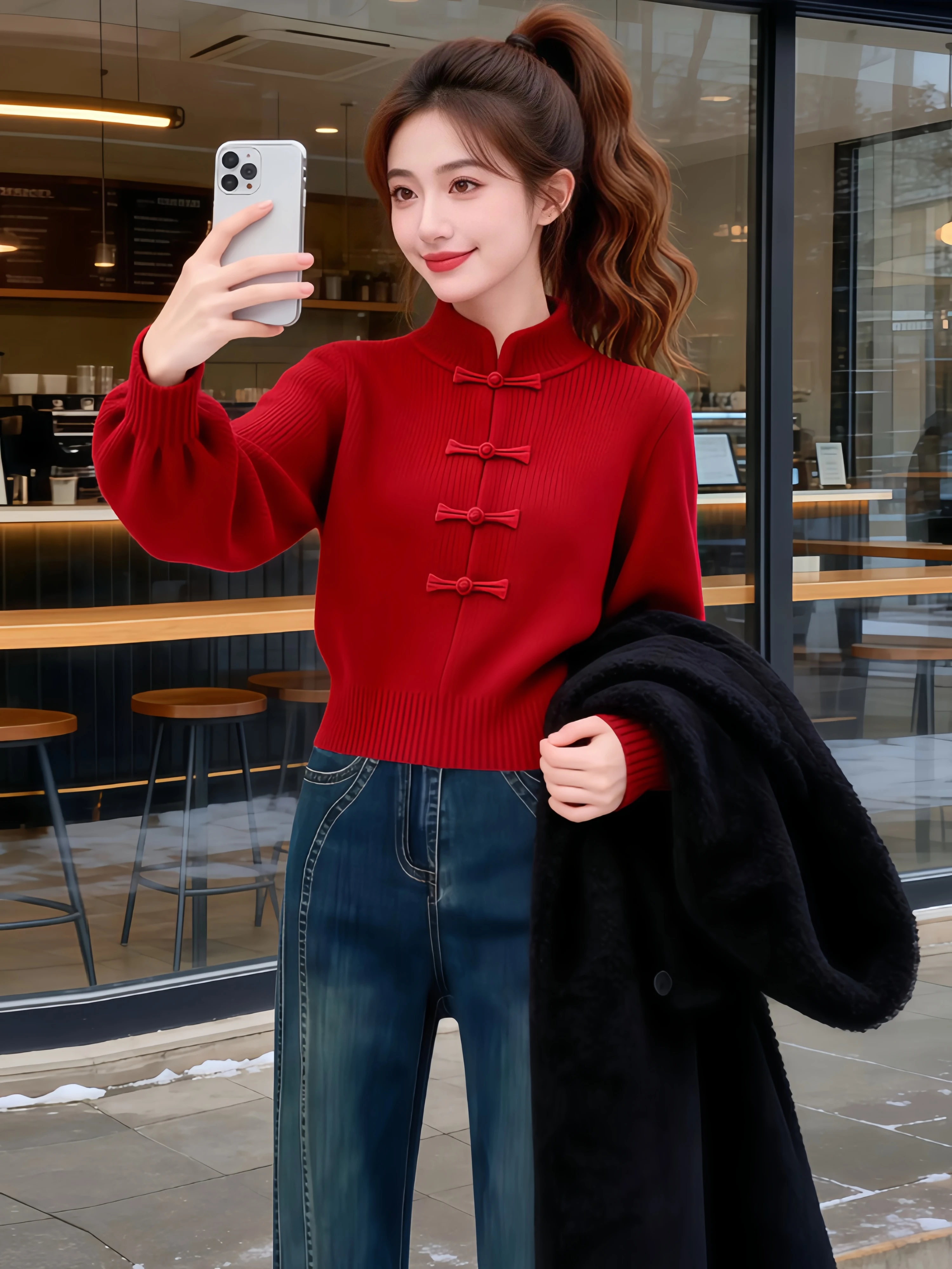 New Chinese Style Knitted Top Women's Short Lantern Sleeve Stand Collar Autumn Winter Fashion Unique And Attractive Ladieswear