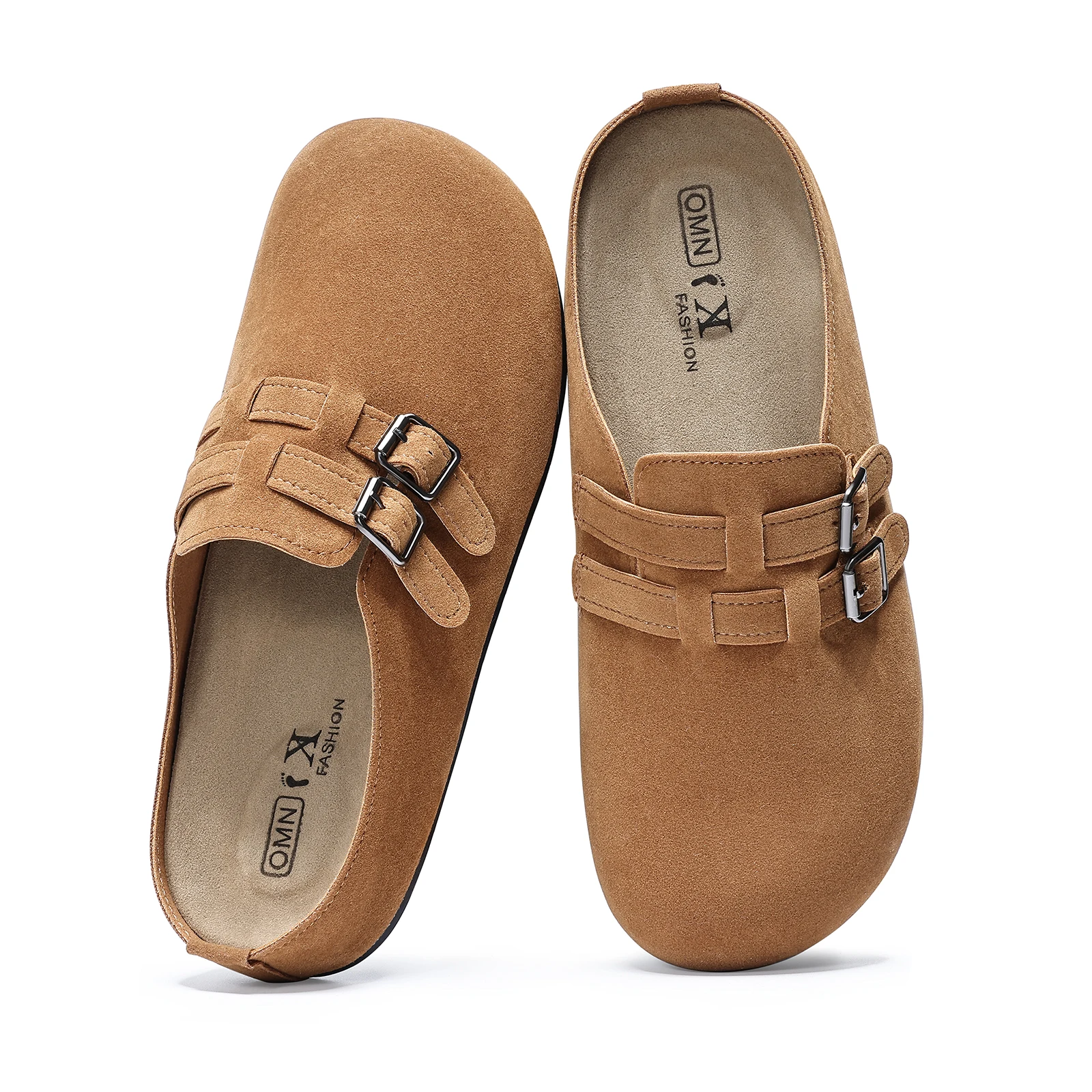 Evshine Sabots en daim pour femme avec double boucle Diapositives de plage antidérapantes Chaussures de pommes de terre classiques Mules plates confortables à semelle intérieure souple 1
