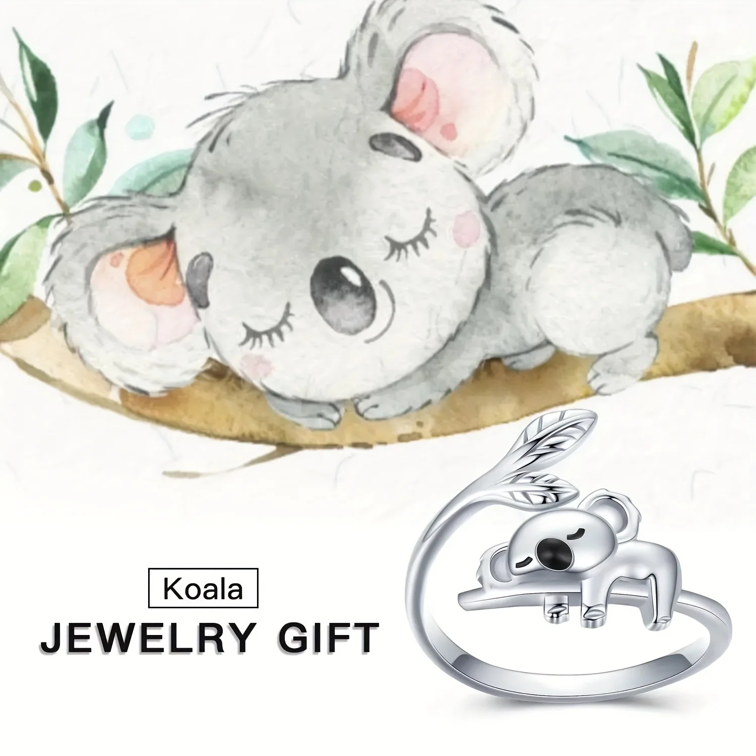 Stylish and Cute Cartoon Style Sleeping Koala Baby Open Ring with Adjustable Size, Perfect Gift for Family and Friends