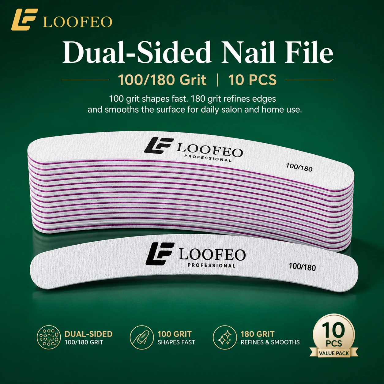 LOOFEO Double Sided Nail Files 100/180/240 Grit Manicure Buffer File Set for Acrylic Nails Gel Polish Emery Boards Refining Prep