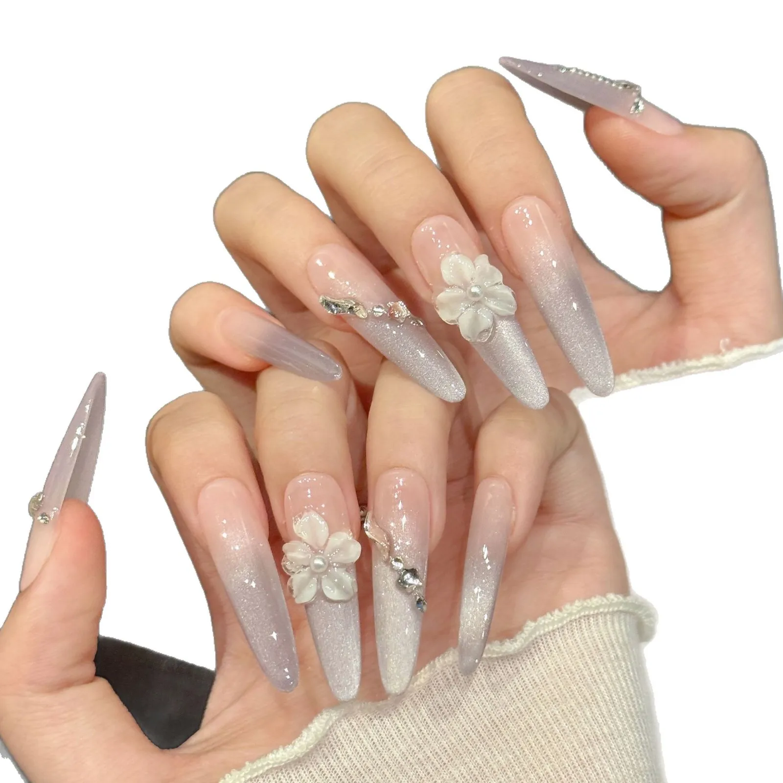 10 قطعة اليدوية طويلة خنجر الصحافة على الأظافر الوردي الضوء الأرجواني القط العين الفرنسية ثلاثية الأبعاد نحت زهرة تصميم الأظافر وهمية يمكن ارتداؤها الأظافر #4