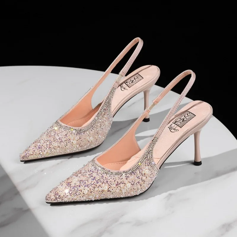Sequin Shiny Crystal High Heels for Woman Luxury Designer String Bead Pointed Toe Pumps Elegant Slingback Wedding Bridal Shoes
