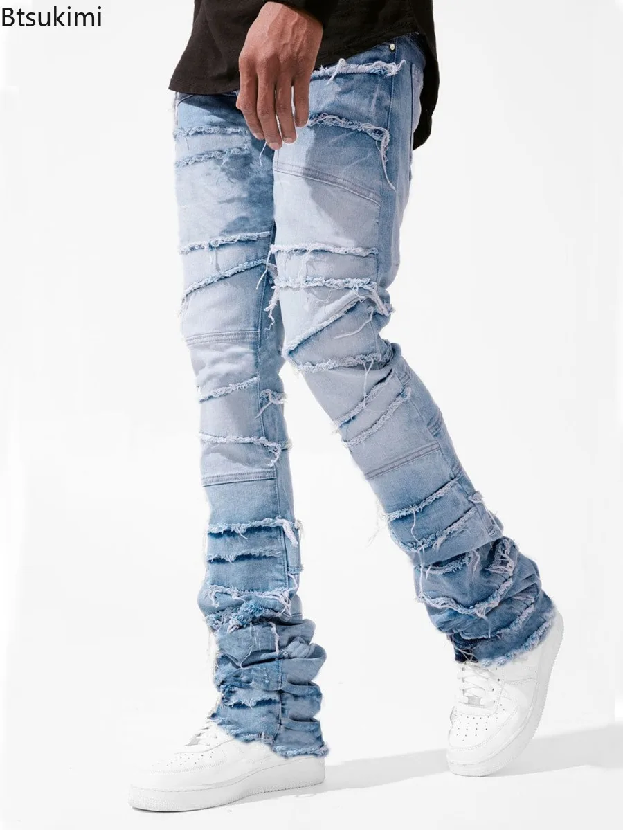 New Men's Patchwork Denim Pants Stacked Jeans Ripped Washed Frayed Pants Vintage Street Style Slim Fit Straight Trousers for Men