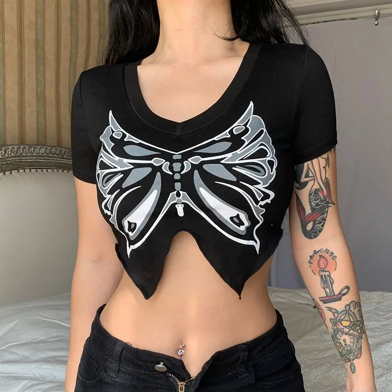 

American vintage butterfly print irregular split T-shirt 2022 summer slim versatile crop top women's ins