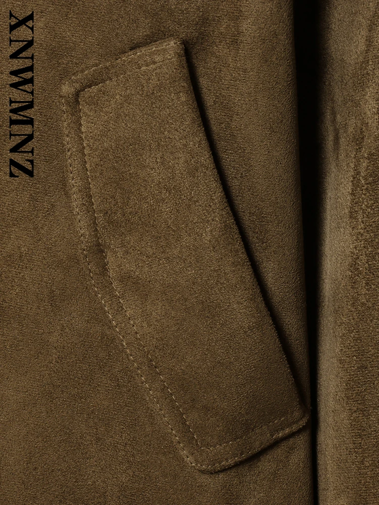 XNWMNZ 2025 Otoño señora desplazamientos moda manga larga con capucha cuello chaqueta de gamuza Vintage Simple invierno mujer marrón abrigo Casual