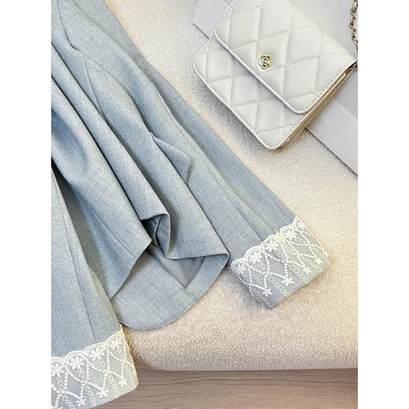 الخامس الرقبة الأزرق الدانتيل الأصفاد عطر صغير دعوى سترة المرأة الربيع والخريف الأزياء الأساسية أنيقة الفرنسية مكتب سيدة سترة