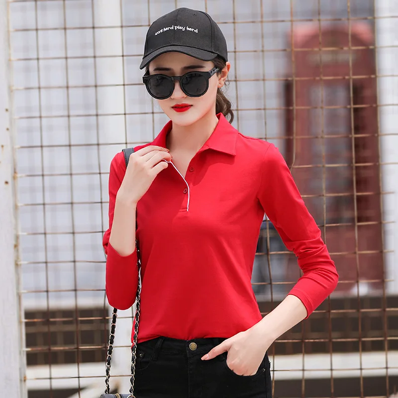 

New Women Spring Autumn Polo Shirt Casual Fashion Solid Color Button Turn-down Collar Long Sleeve T-shirt Slim Cotton Tees Tops