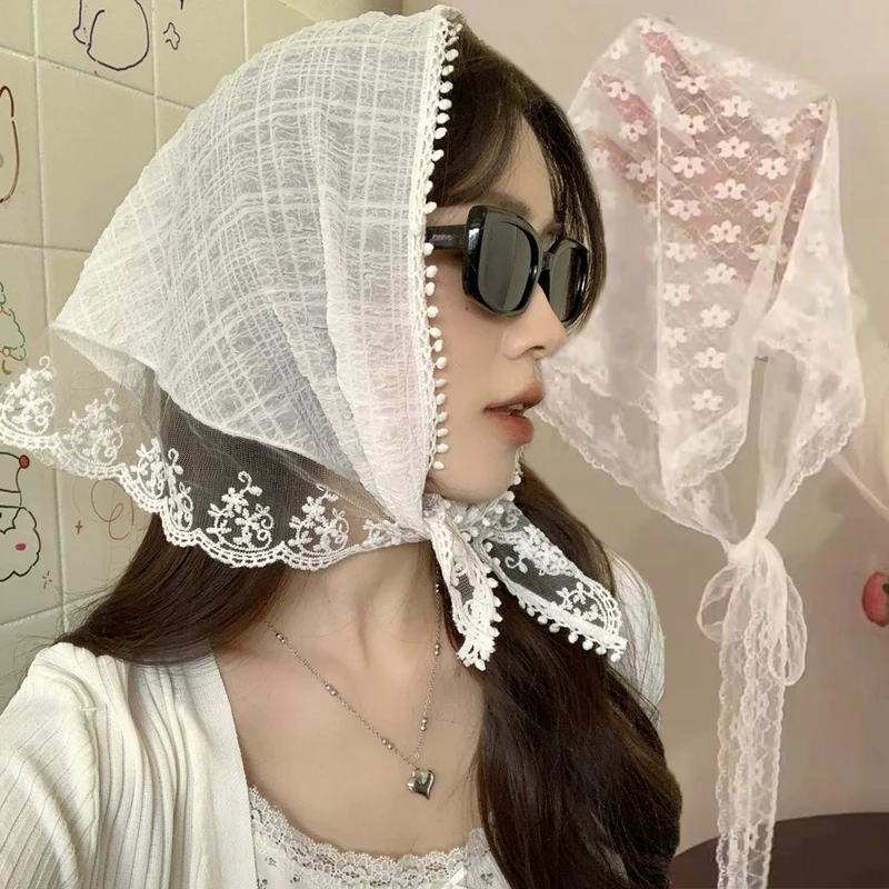 Lace Triangle Hair Scarf Women Girls Summer Sweet Flower Headwear Square Scarf Headband Korean French Pastoral Style Headdress