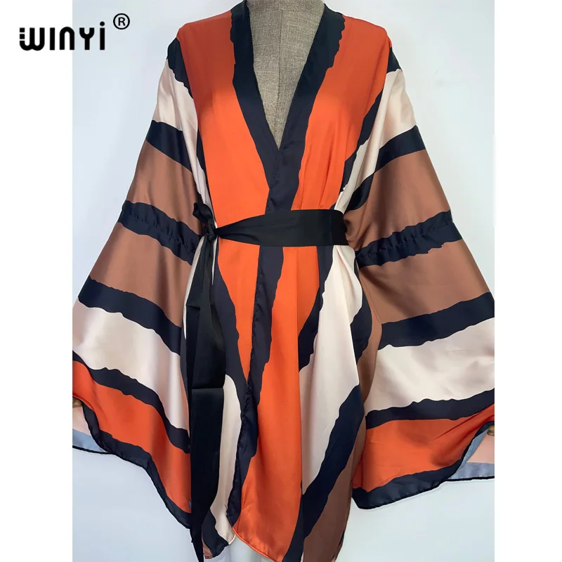 2022 WINYI Summer Beach Wear Swim Suit Cover Africa sweet lady boho Cardigan stitch Self Belted sexy Holiday long Sleeve Kimono