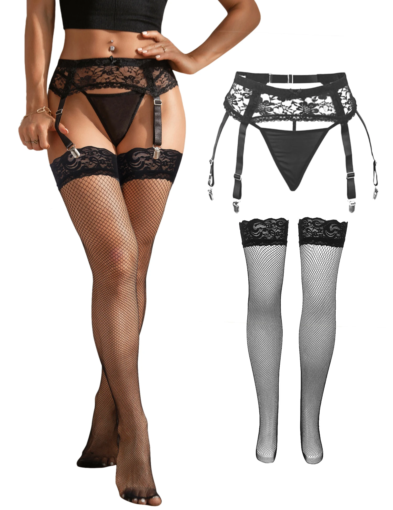 Comeondear Women Floral Lace Garter Belt Lady Panty Plus Size Mesh Suspender Belt Set with 4 Straps Metal Clip for Thigh Highs