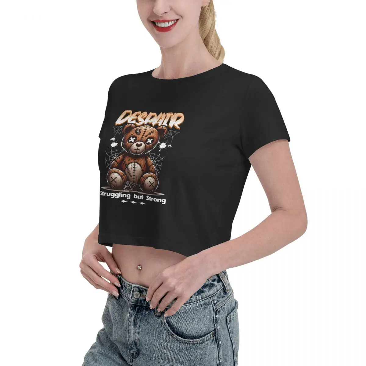 Bear Despair Tshirt Cartoon Graphic Tees Female Crop Top,Leak navel T-shirt