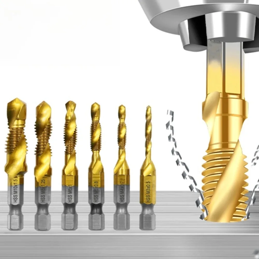 

6pc High-speed Steel 4341 Titanium Plated Composite Tap Drill and Tap Integrated Machine Tap Open and Chamfer Tool Set