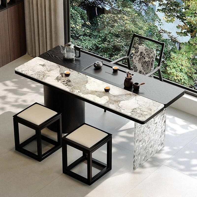 

Balcony slate solid wood tea table and chair combination home office tea table log