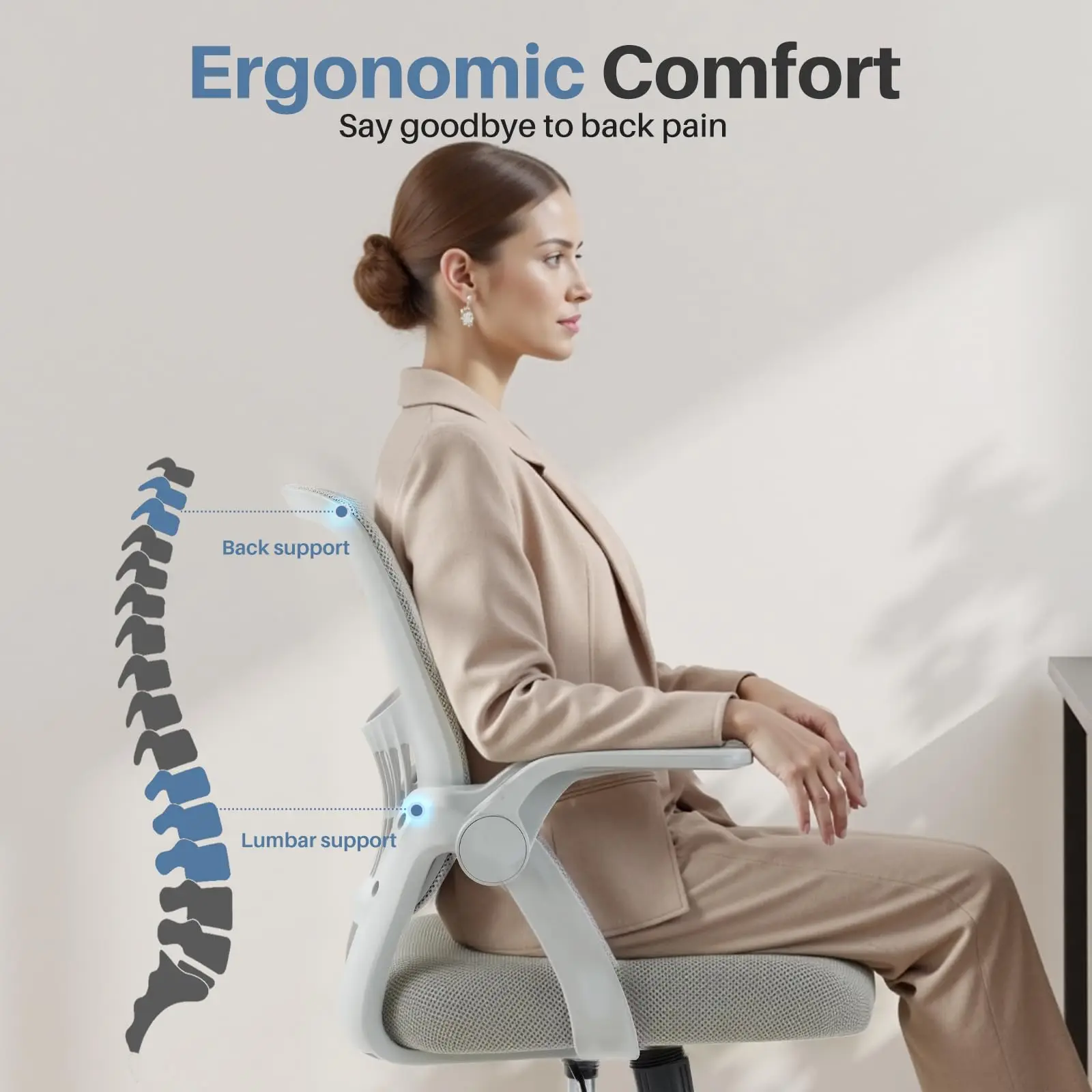 JHK Home Office Computer Chair Ergonomic Mid Back Desk with Lumbar Support 360° Swivel Height Adjustable with Flip-up Armrest