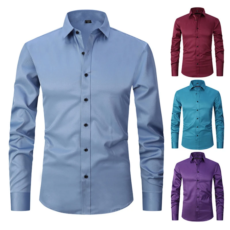 

6XL 7XL 8XL Spring and Autumn Men's Long Sleeved Luxury Business Casual Fit Solid Color Wrinkle Free Embossed Shirt