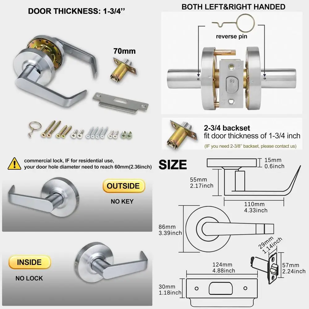 

Heavy-Duty Grade 2 Lever Door Lock, Non-Handed, 3-Hour Fire Rated, ADA Compliant, Satin Chrome, 26D, 2-3/4'' Backset