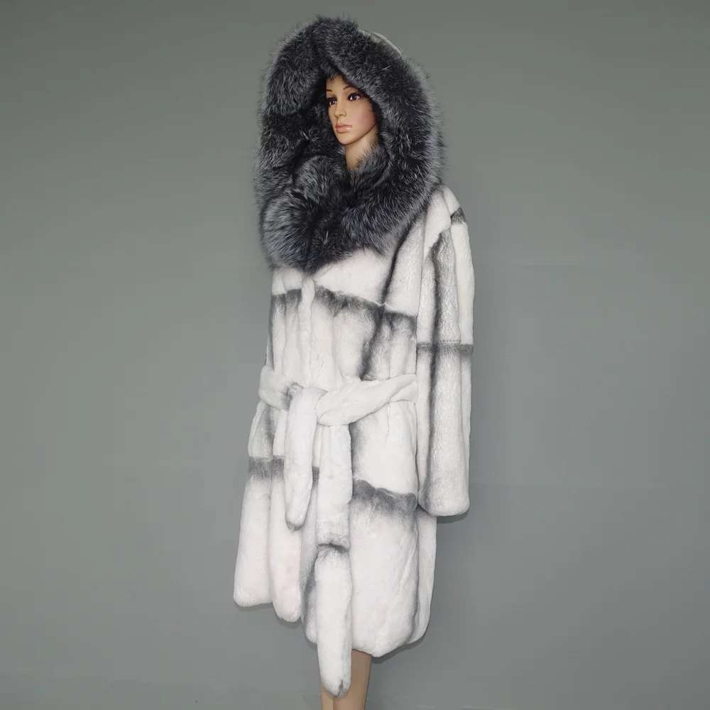 2023 Winter Women Real Fur Coat Chinchilla Rabbit Fur Jacket Large Silver Fox Fur Hooded Thick Warm Streetwear Luxury Outerwear