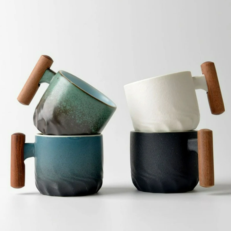 

Japanese Style Ceramic Retro Coffee Mug with Wooden Handle Handmade Home Office Water Cup Kitchen Drinkware Mugs Birthday Gift