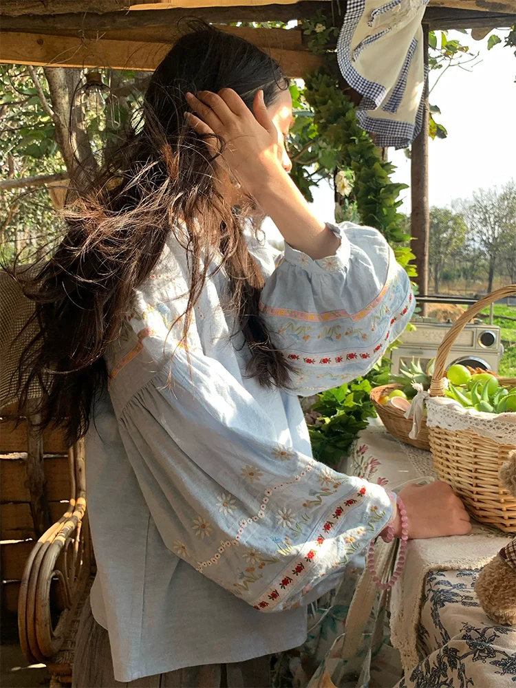 Spring Autumn Women Loose Exquisite Floral Embroidered Cotton Linen Shirts/blouses