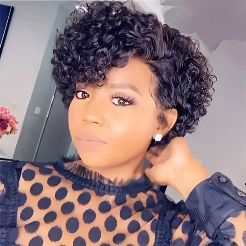 ディープウェーブカーリーウェーブピクシーカットウィッグ 女性用 13x1 Tパートレースフロント人毛ウィッグ 女性用 生え際加工済み ジェリーカール人毛