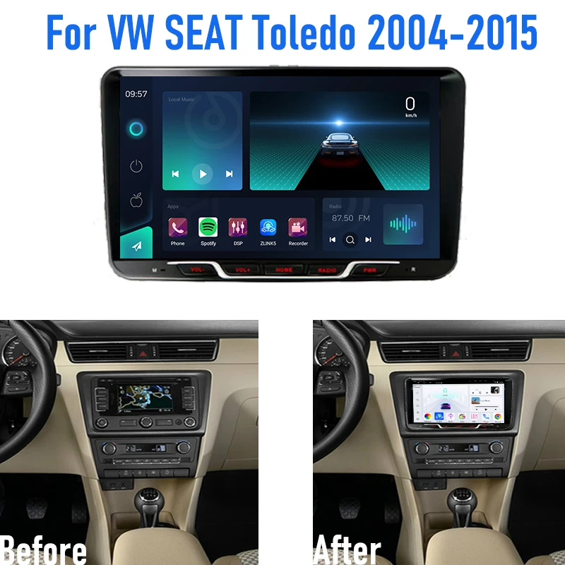 9'' For VW SEAT Toledo 2004-2015 Car Radio 4G SIM Carplay Android 15 Auto GPS Steering Wheel Control Head Unit 2DIN Google Map