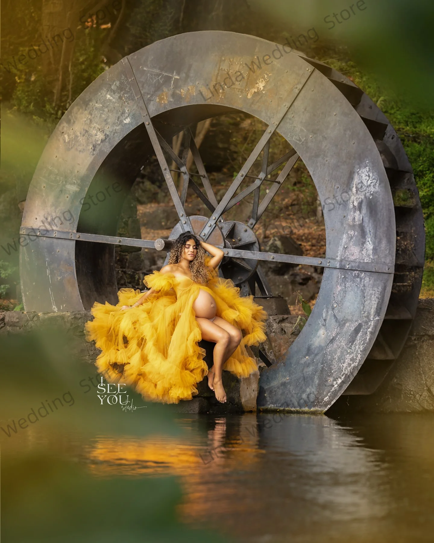 Abiti premaman gialli illusione Abiti eleganti personalizzati in due pezzi per babyshower Pieghe a strati Servizio fotografico Prgegnancy