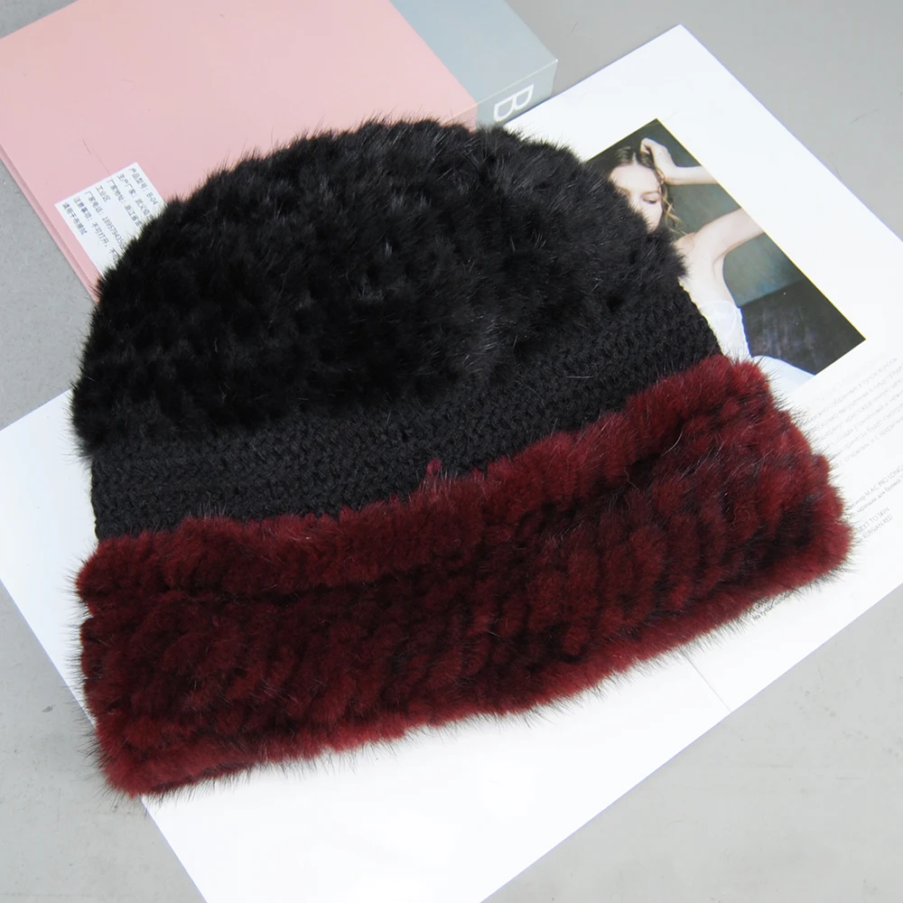 New Lady Winter Outdoor Warm Knitted Real Genuine Fox Fur Balls Hats Women Real Mink Fur Caps Beanies Real Mink Fur Hat Skullies