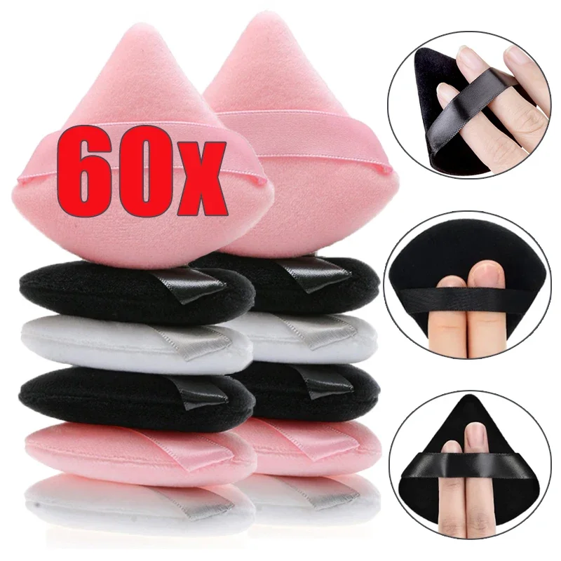 1-60pcs Triangle Velvet Powder Puff Soft Washable Sponge Black Pink Cosmetic Puffs Loose Powder Facial Beauty Makeup Accessories