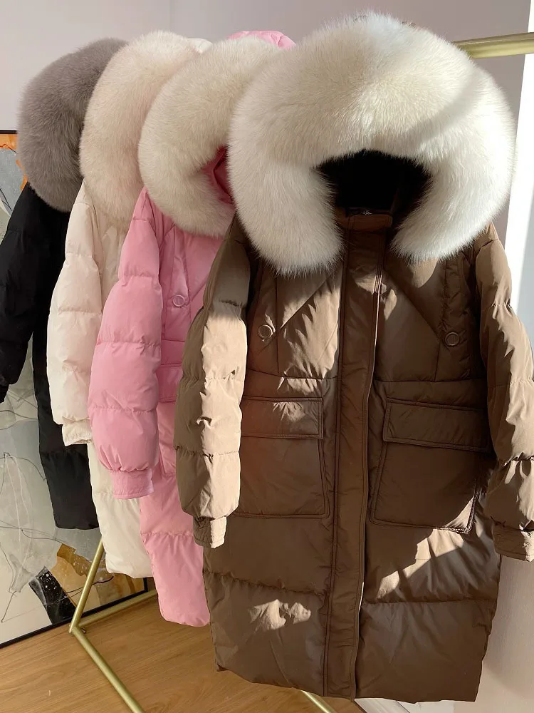 

Winter Women's Long Puffer Jacket Big Real Fox Fur Hooded 90% White Duck Down Coat Female Feather Parkas 2023