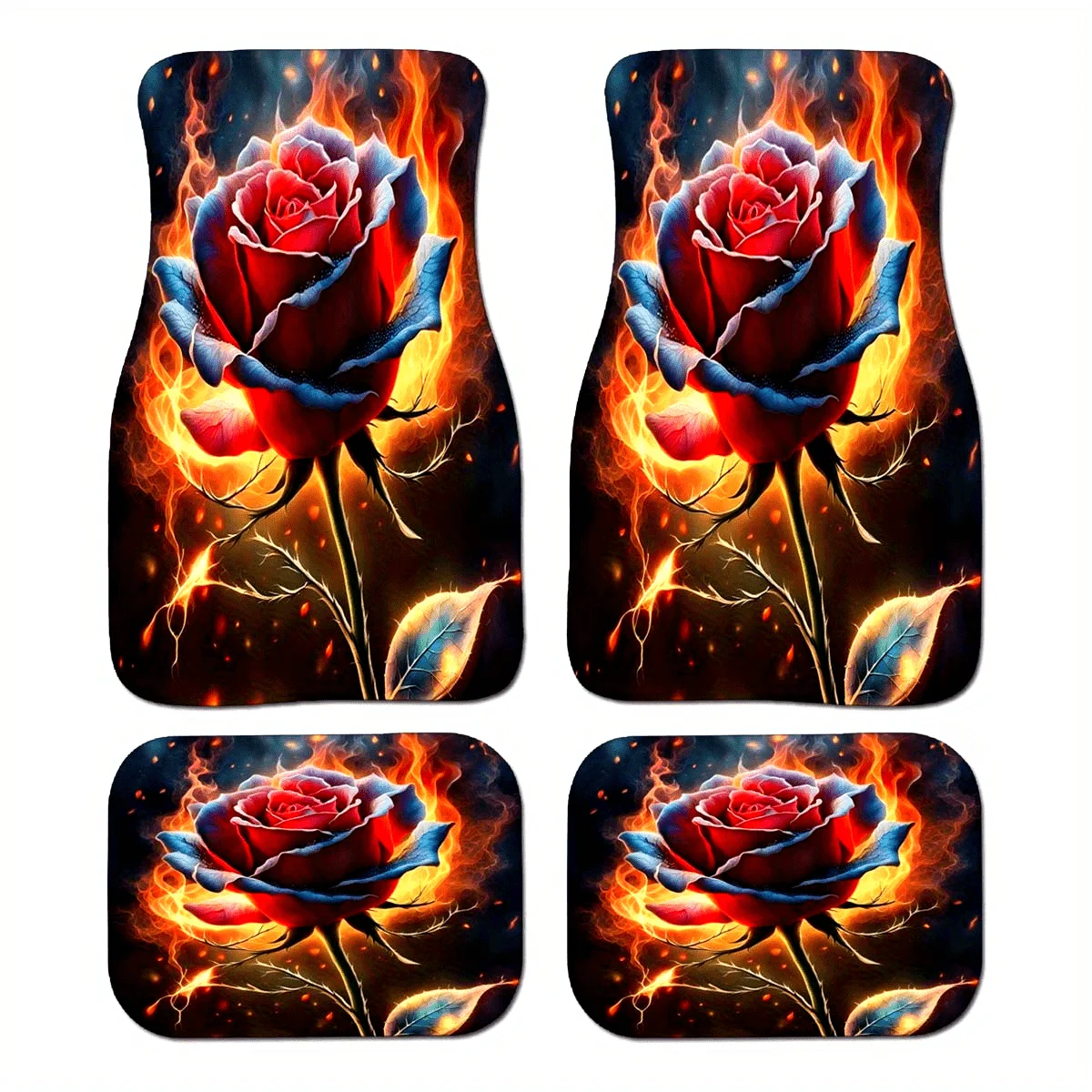 

4pcs Rose In Fire Print Design Carpet Car Floor Mats 4pcs Blue Dragonfly And For Lotus Pattern Carpet Car Floor Mats Front& Rear