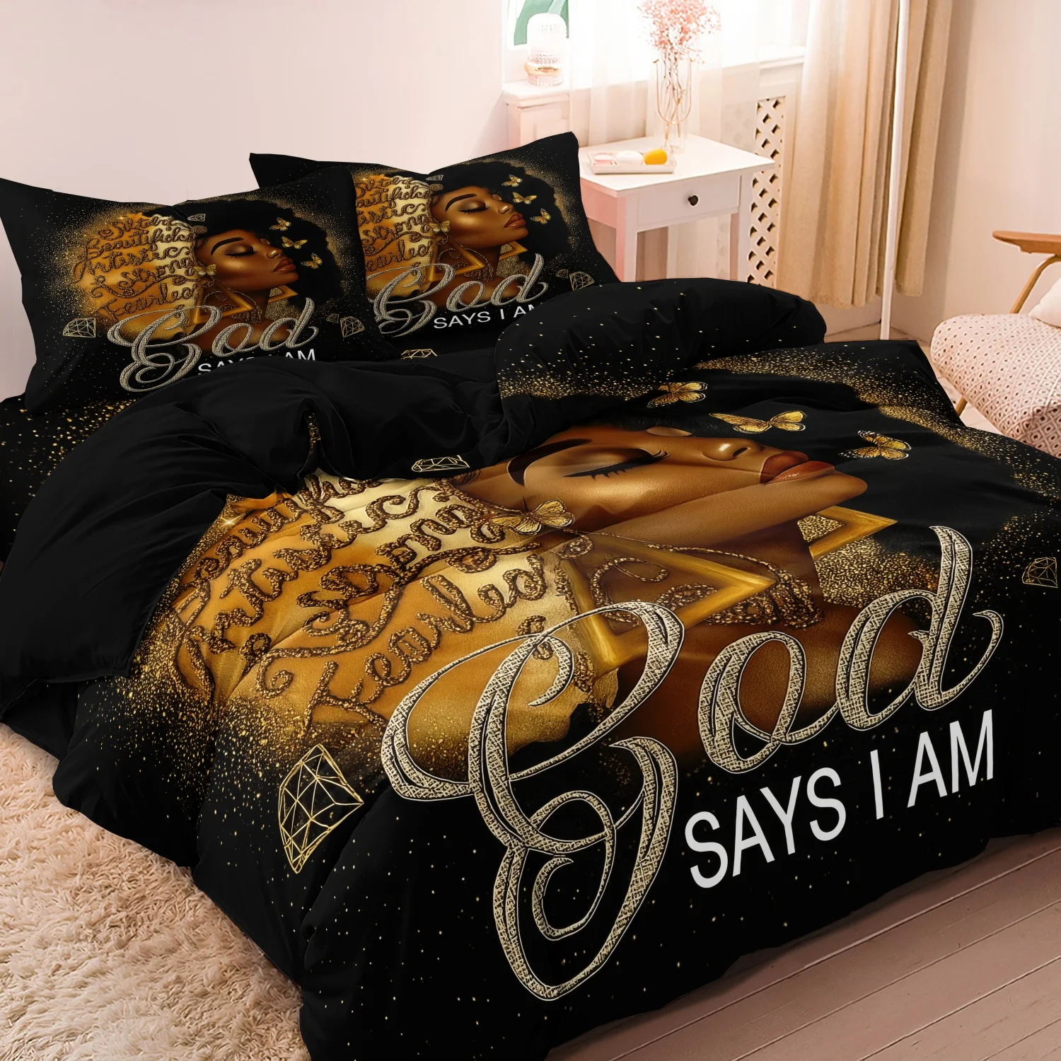 3pcs Golden Powder Butterfly & Luxury Romantic Goddess-Inspired Duvet Cover Set, Soft Comfortable Bedding Set Bedroom Guest Room