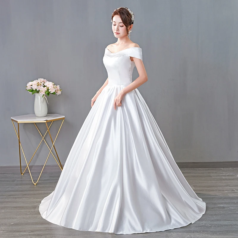 AnXin SH – robe de mariée en satin blanc, tenue de bal à lacets, col bateau, sans manches, style rétro français