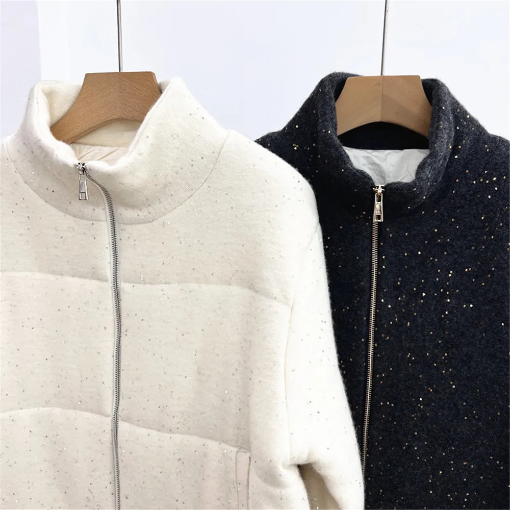 Women Cashmere Wool Jacket Coat Heavy Sequins Stand Collar Loose Long Sleeve Zipper Cardigan Sweater Autumn Winter New