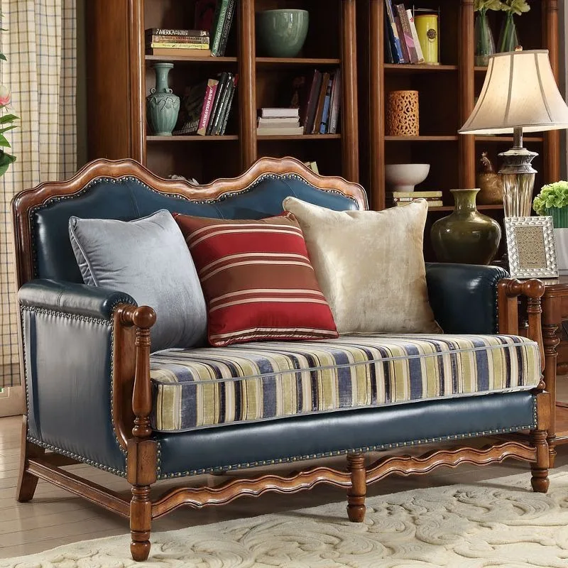 Luxury large and medium living room European living room leather cloth sofa combination, American country solid wood sofa