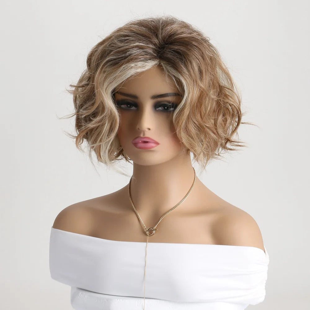 Short Wavy Bob Synthetic Wigs with Bangs Blonde Mixed Brown  Hair Wigs for Women Daily Wear Wig Heat Resistant