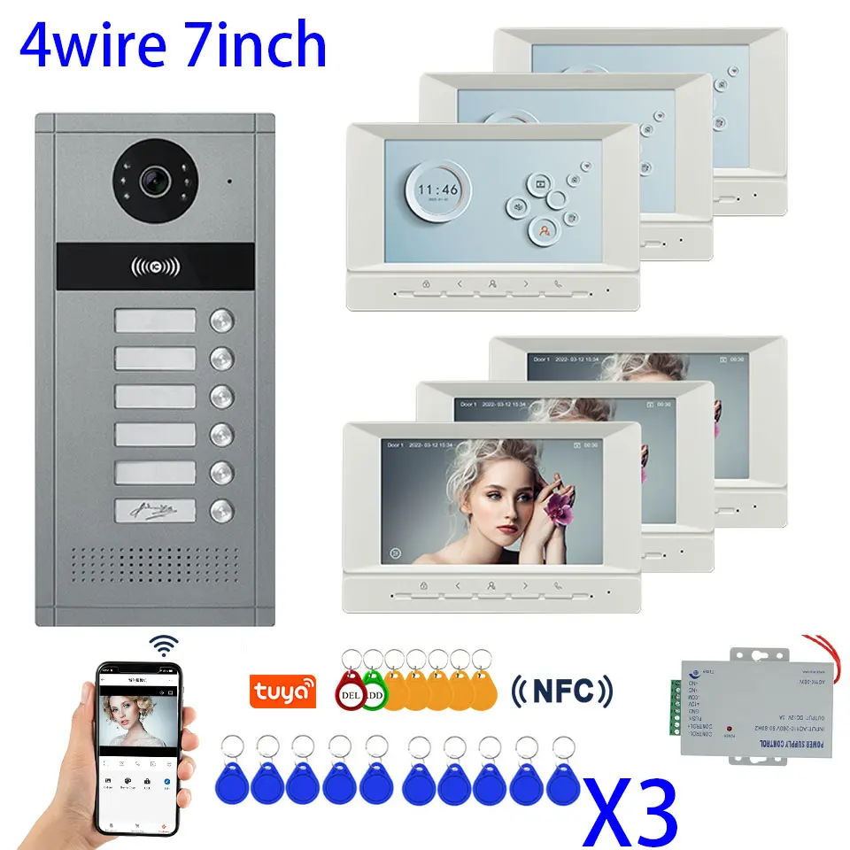 1080P Tuya Smart Video Doorphone for Multi-Apartment Metal Doorbell Video Intercom System 7inch Monitor with RFID Card Unlock