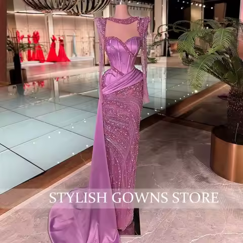 Exquisite Purple Long Sleeve Mermaid Prom Dress with Side Train Sweetheart Evening Dress Pearl Sequin Celebrity Dress Customized