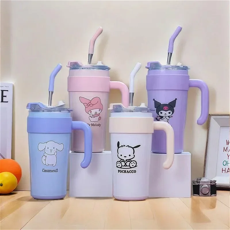 860ML Sanrio Thermos Bottle Kawaii Anime My Melody Kuromi Straw Water Cup Stainless Steel Large Capacity Thermos Cup Gift