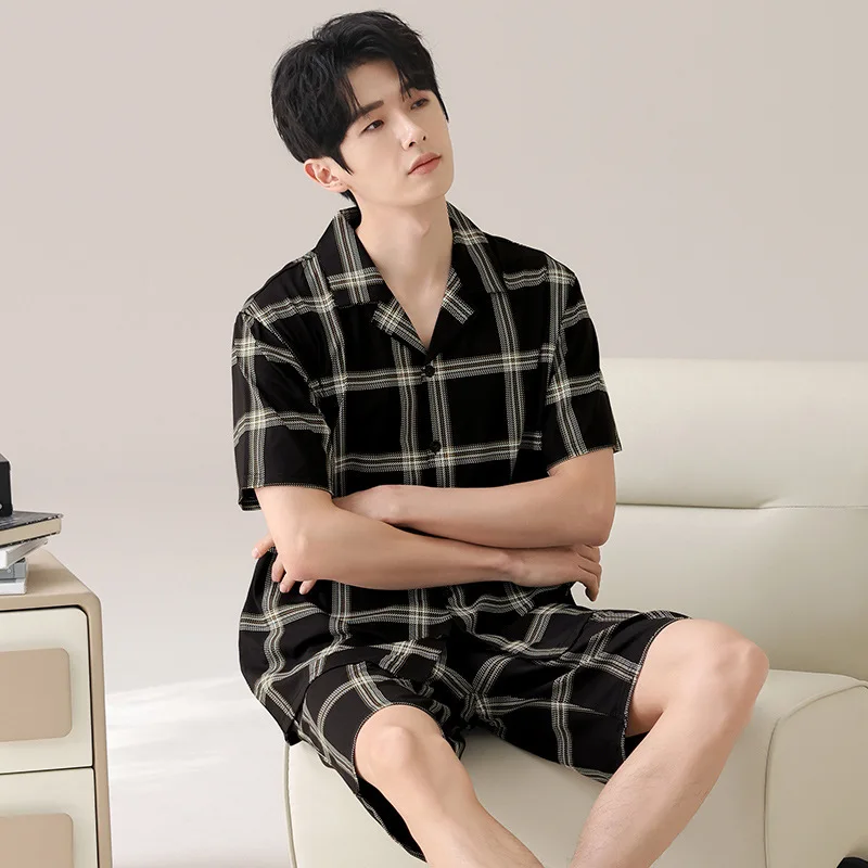 

Мужские пижамы больших размеров 3XL, шорты с короткими рукавами, 2 шт./компл., летний кардиган с лацканами, свободная модальная одежда для сна, корейский подростковый домашний костюм