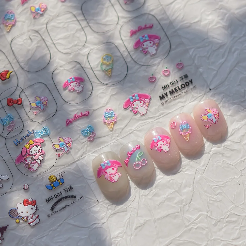 Sanrio Anime Nail Art Decoration 5D Nail Stickers Hello Kitty Kurome Melody Cinnamoroll Nail Art Stickers Nail Accessories