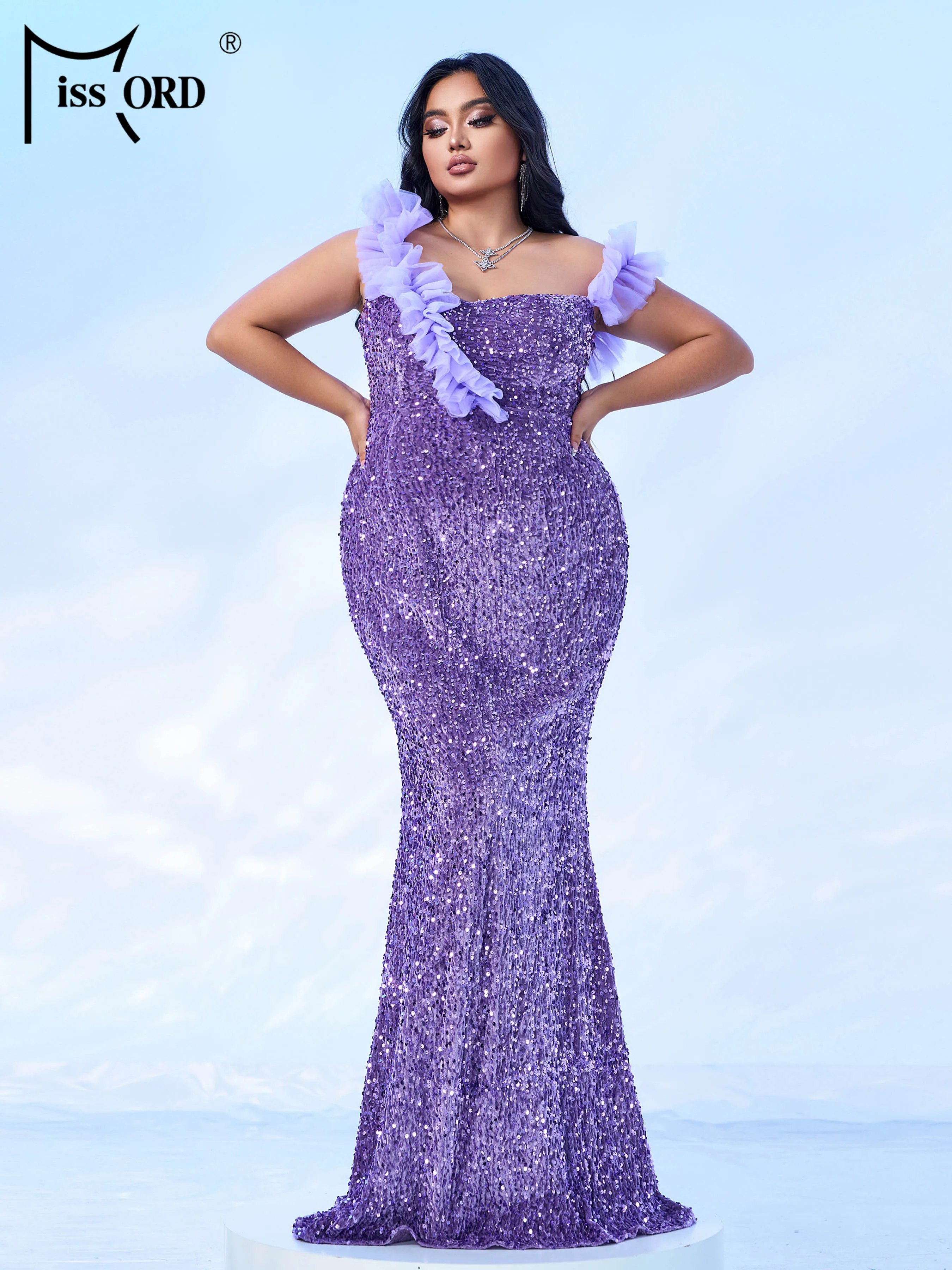Missord Plus Size 2024 Purple One Shoulder Sequin Mermaid Evening Gown Wedding Birthday Party Floor Length Formal Occasion Dress