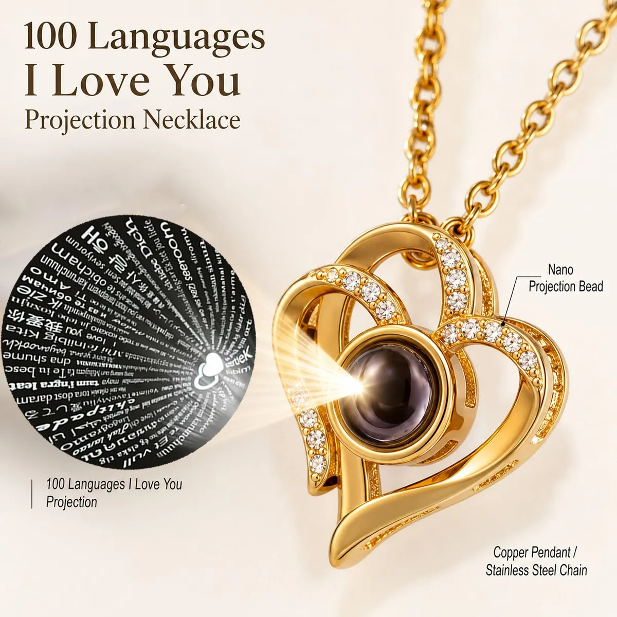 100 Languages I Love You Projection Luxury Heart Pendant Necklace With Multi Color Rose Gift Box Birthday Valentine's For Women