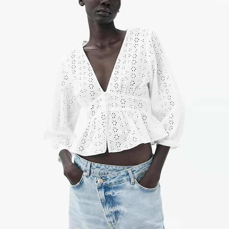 

Ele V-Ne Long Sve Embroidered Hollow out Women's irt Summer 2025 Faion Commute Sle Straight Cut Polyester Fiber