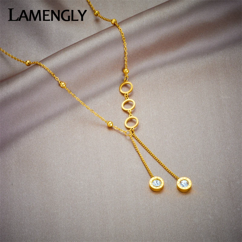 LAMENGLY 316L Stainless Steel Roman Numeral Dial Tassel Long Pendant Necklace for Women Fashion Non-fading Chain Jewelry Gifts