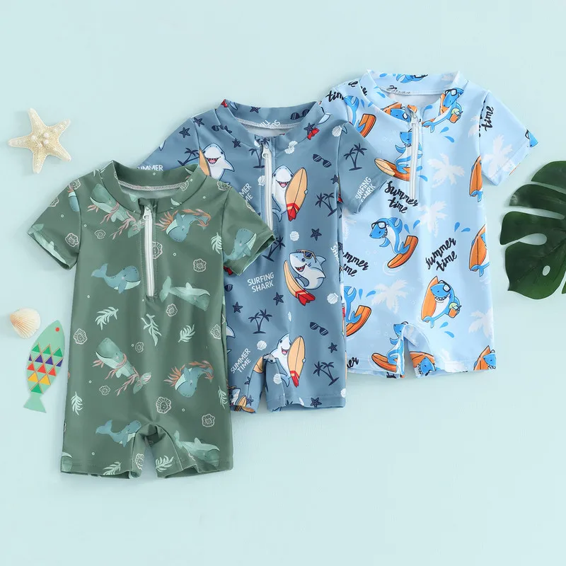 

Toddler Boys Rash Guard Swimwear Cartoon Marine Life Print Short Sleeve Swimsuits Front Zipper Bathing Suits