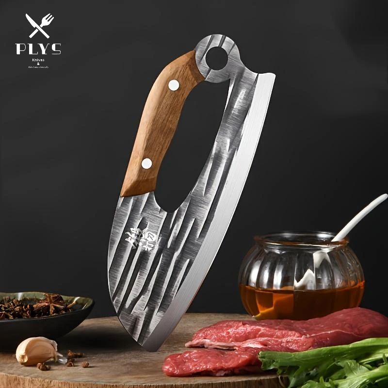 Cuchillo de cocina afilado PLYS, cuchillo de carnicero de acero inoxidable martillado de primera calidad con mango de madera ergonómico y agujero para el dedo