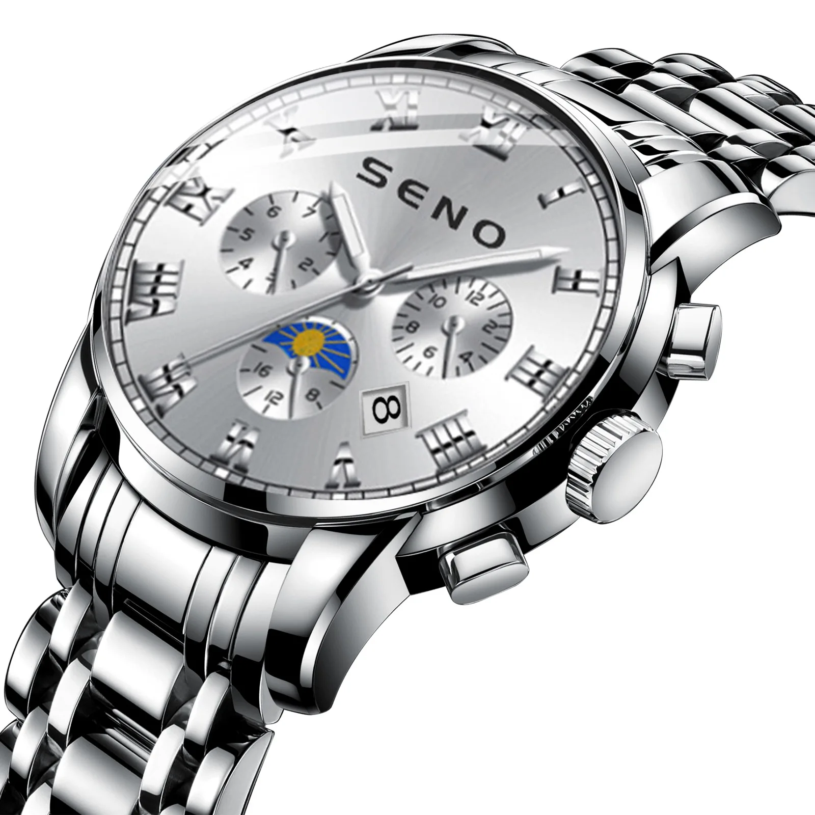 New Casual Sun, Moon and Star Watch Men's Quartz Watch Waterproof Date Luminous Steel Watch